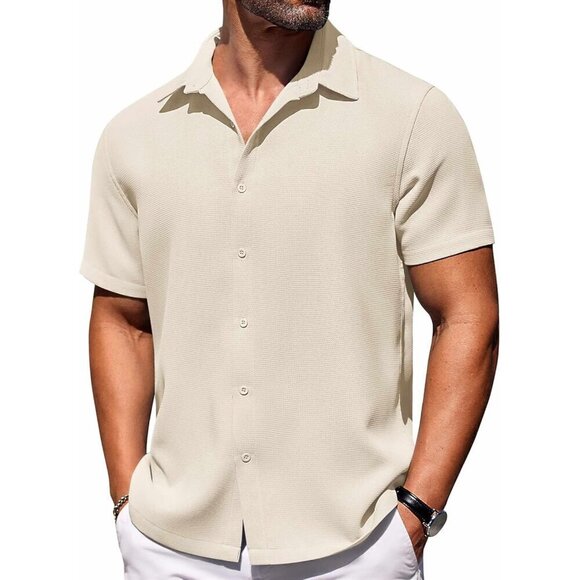 Men Beige Waffle Shirt Short Sleeve Button Down Beach Texture Wrinkle Free Shirt - Picture 1 of 6